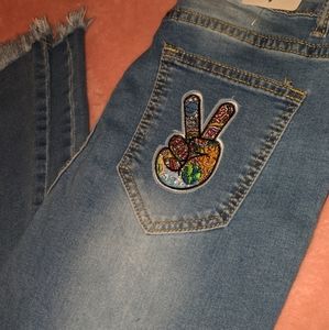 Hello button jean. Sewn on peace peace